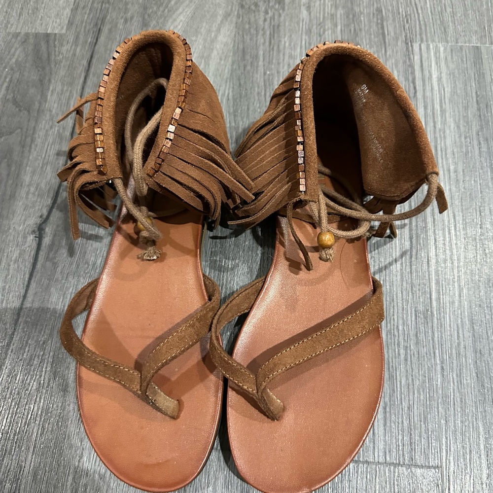 Brown Gladiator Sandals with Fringe Detail